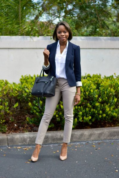 pale pink ankle pants with white shirt and navy blazer