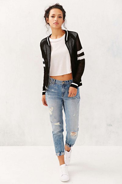 black net jacket with white cropped tee and boyfriends