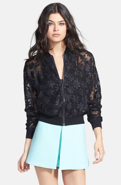 black floral embroidered lace jacket with white skater mini skirt
