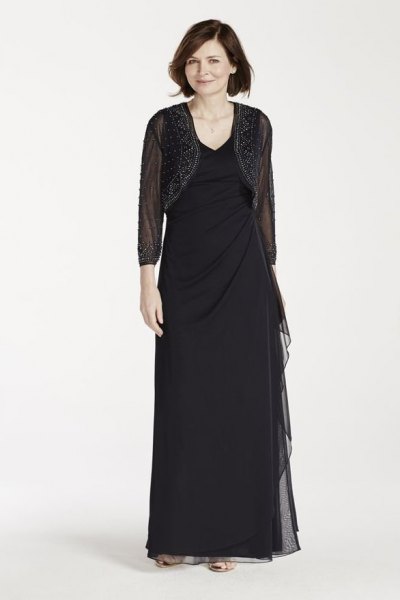 black mesh short jacket with a floor length sheath dress