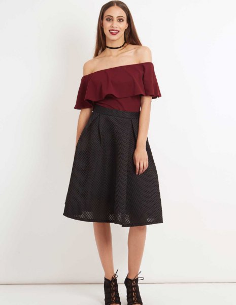 burgundy off shoulder blue blouse with black mesh midi skirt