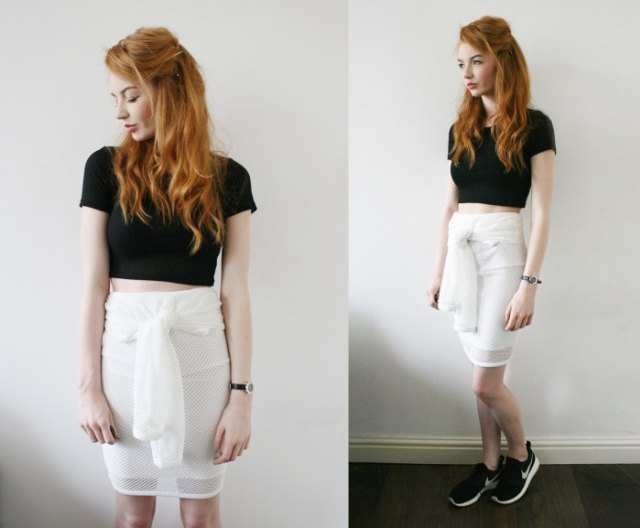 black cropped t-shirt with white ribbon skirt
