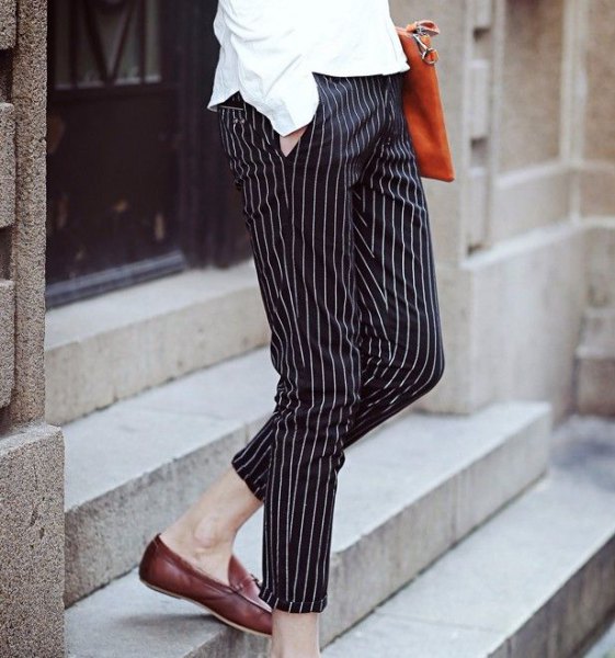 button up shirt with black and white striped crop pants