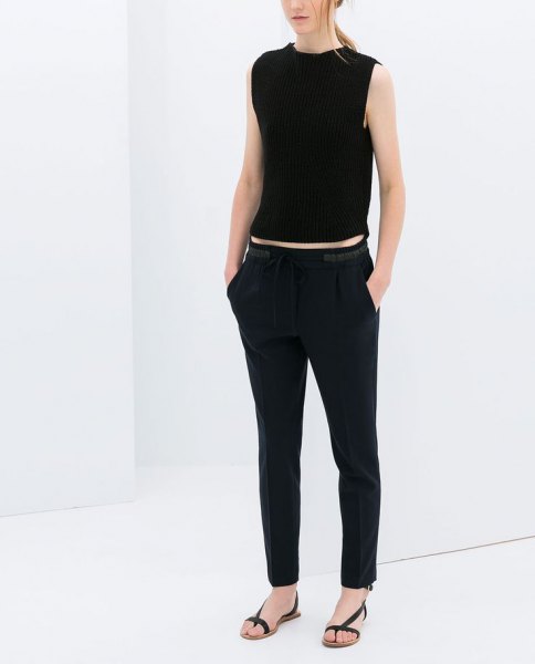 black sleeveless crop top with matching back pants