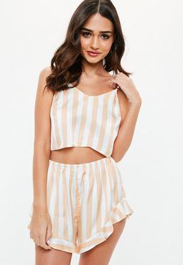 light pink and white vertical striped flowing silk pajama shorts with matching crop top