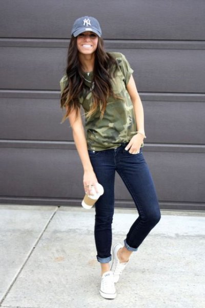 denim hat with camo t-shirt and jeans