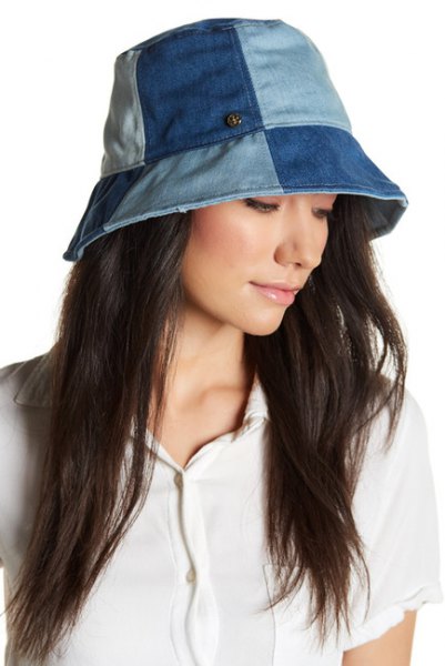 blue patch denim scoop hat with white polo shirt and cargo pants