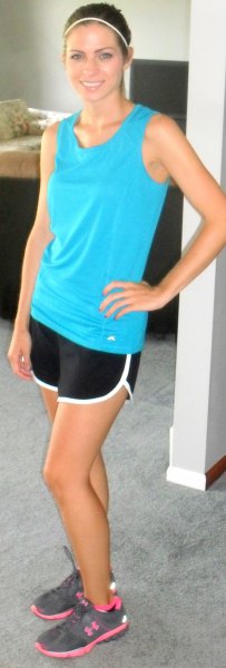 sky blue tank top with black and white running pants