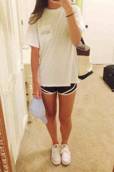 white big tee with black spring shorts