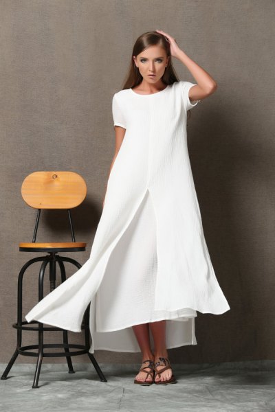 white maxi two-layer flared dress