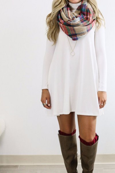long sleeve mini dress with checkered scarf