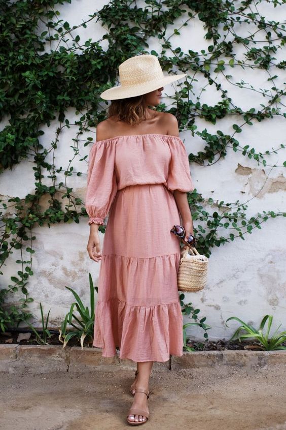 pink sundress ruffle of the shoulder