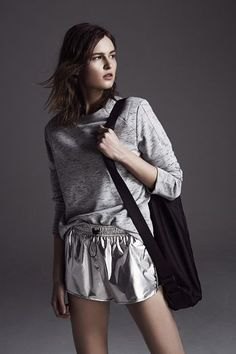 gray sweater with silver metallic floating shorts