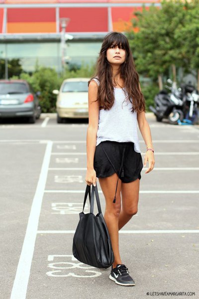 white vest top with black silk running pants