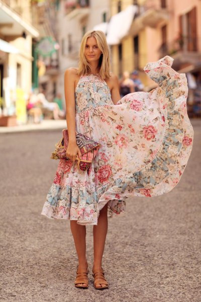 white halter fit and flare midi ruffle floral sundress