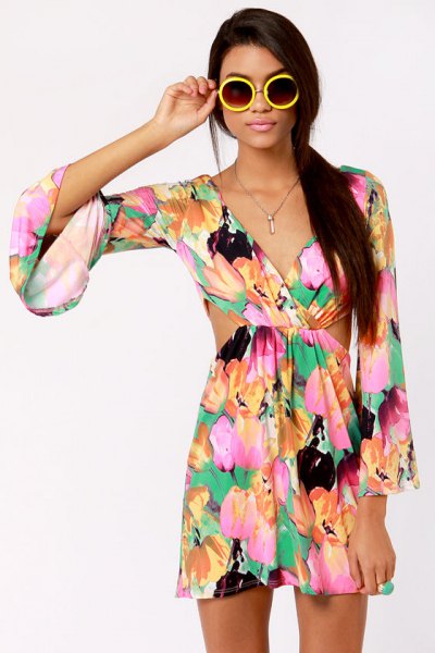 pink and sky blue floral mini wrap dress