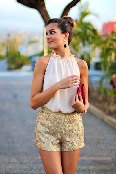 white halter chiffon top with pink embroidered silk dress shorts