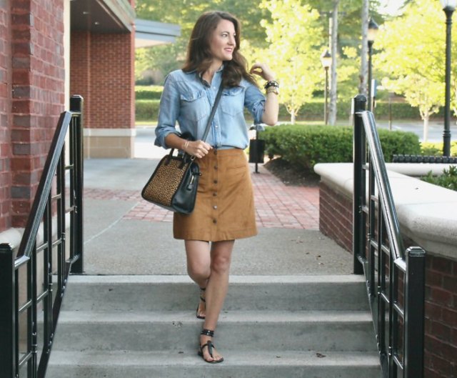 blue chambray shirt with brown suede mini button front skirt