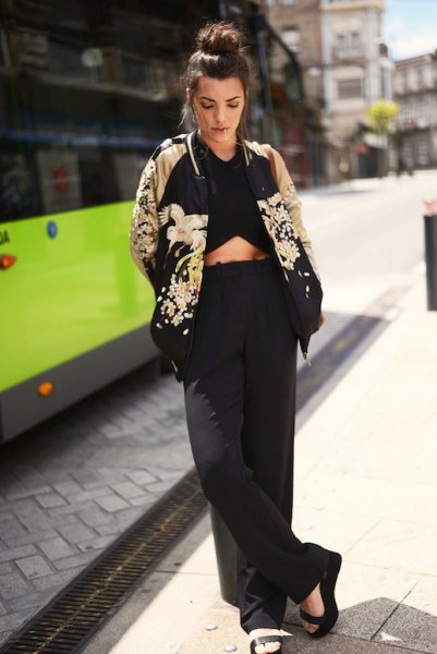 black and pink gold floral cotton jacket with crop top and wide leg trousers