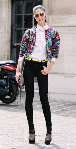 floral bomber jacket with skinny jeans with white collar