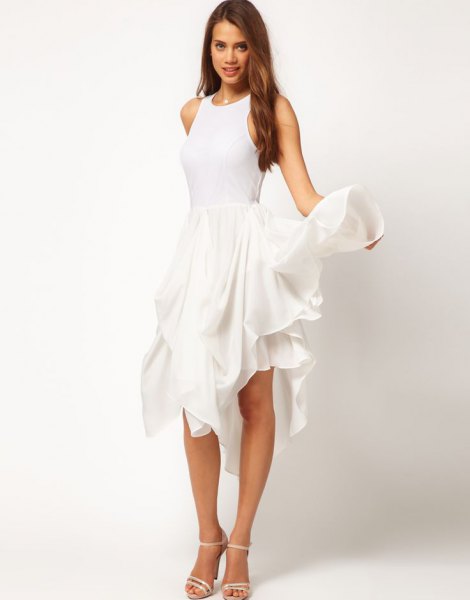 white tank ruffle long dress with open toe heels