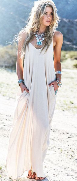 white semi pure chiffon maxi summer dress with boho necklace