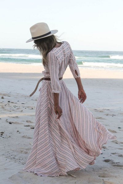 white and pale pink striped ruff summer dress