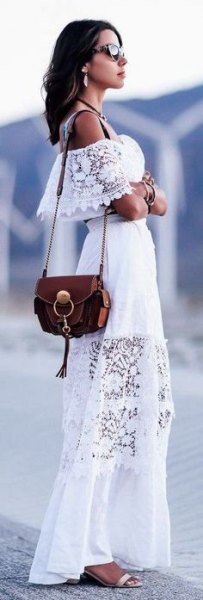 white from shoulder lace long dress