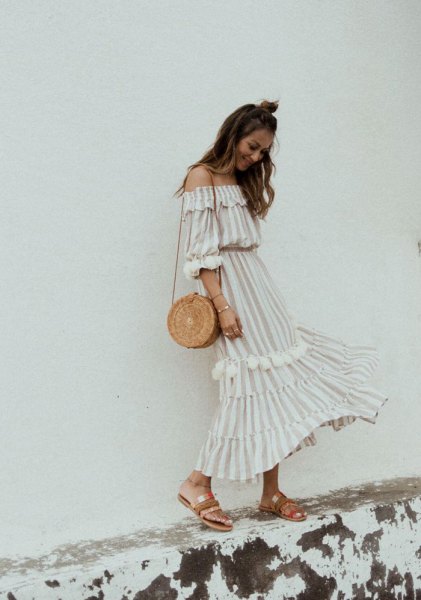 white and pale pink striped off the shoulder length long dress
