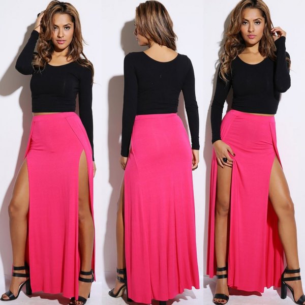 black long sleeve top with pink double slit maxi skirt