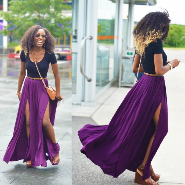 navy blue scoop neck tee with purple pleated maxi skirt with double slits
