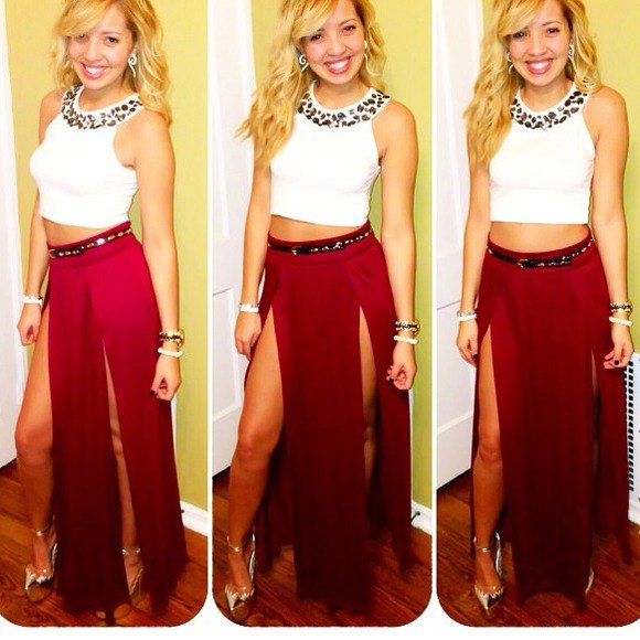 white sleeveless crop top with red double slit maxi skirt