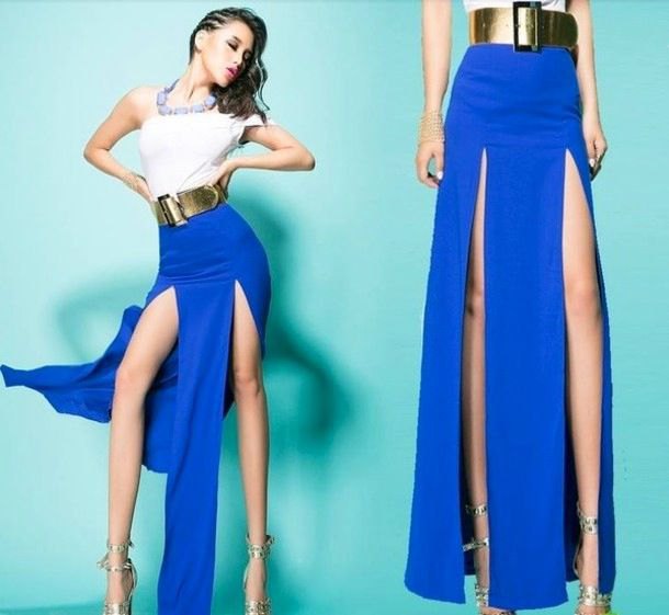 white shoulder top with royal blue maxi skirt and gold belt