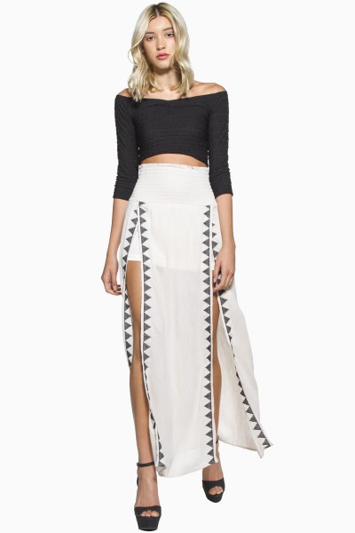 white maxi skirt with black three quarters sleeve outside the shoulders