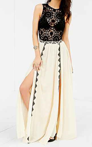 white double slit maxi skirt with black and silver sequin sleeveless top