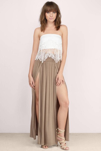 white lace top with crepe double split maxi dress