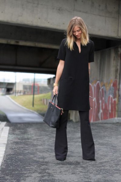 black tunic dress with flared pants
