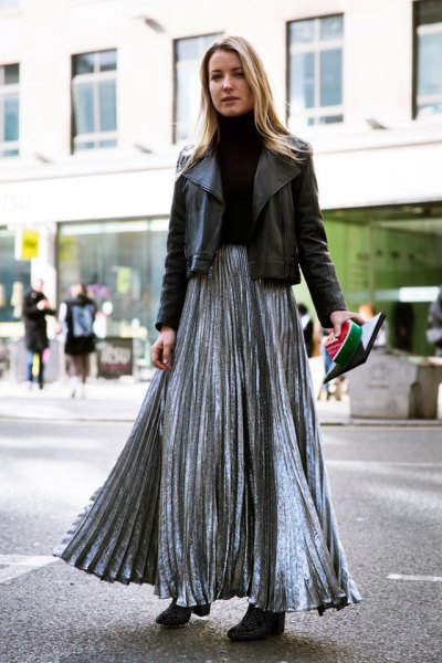 silver-wrapped skirt with black leather jacket