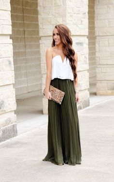 white sweetheart neck top with green maxi pleated skirt
