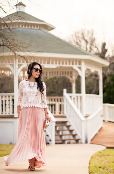 white lace in peeled hem with pink pleated maxi skirt