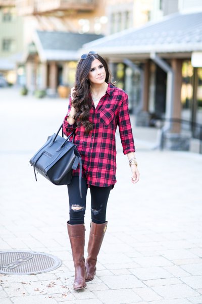 red and black plaid tunic with ripped skinny jeans and knee-high boots