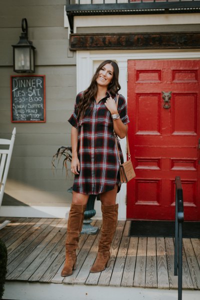 black and white checkered tunic with camel over the knee boots