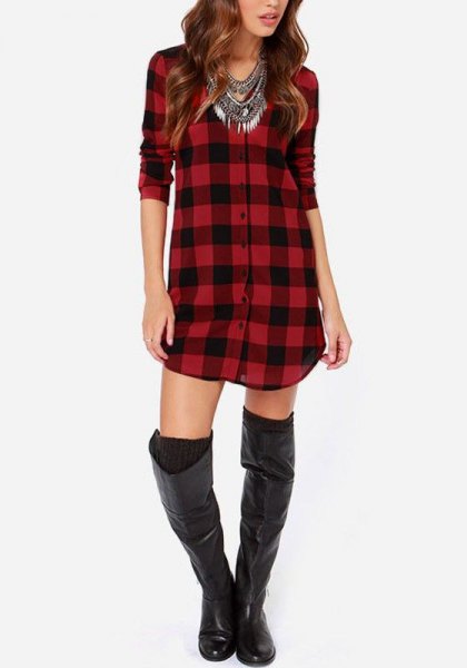red and black checkered tunic with high leather shoes