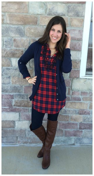 red and navy checkered tunic with deep blue cardigan