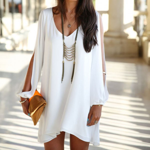 white v-neck tunic dress with long neckline in boho style