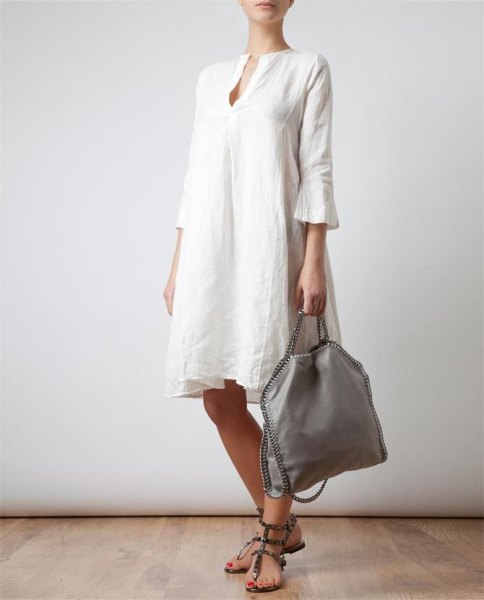 white watch sleeve linen knee length dress with sandals