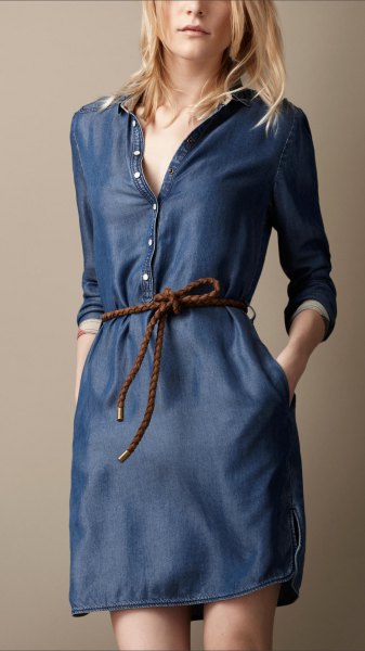dark blue button front long long sleeved washed denim tunic