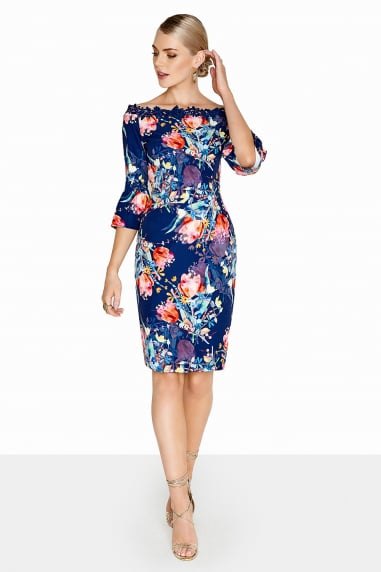 navy and orange floral printed knee length dress with boat neck