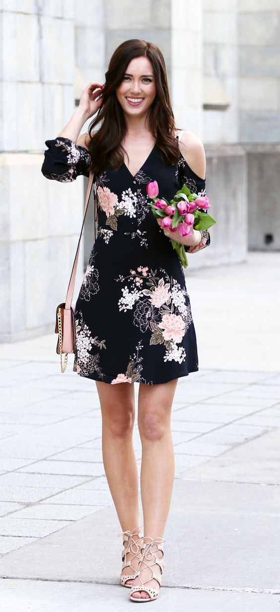 floral cold shoulder dress black pink