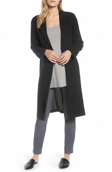 black long-line silk jacket with gray skinny jeans